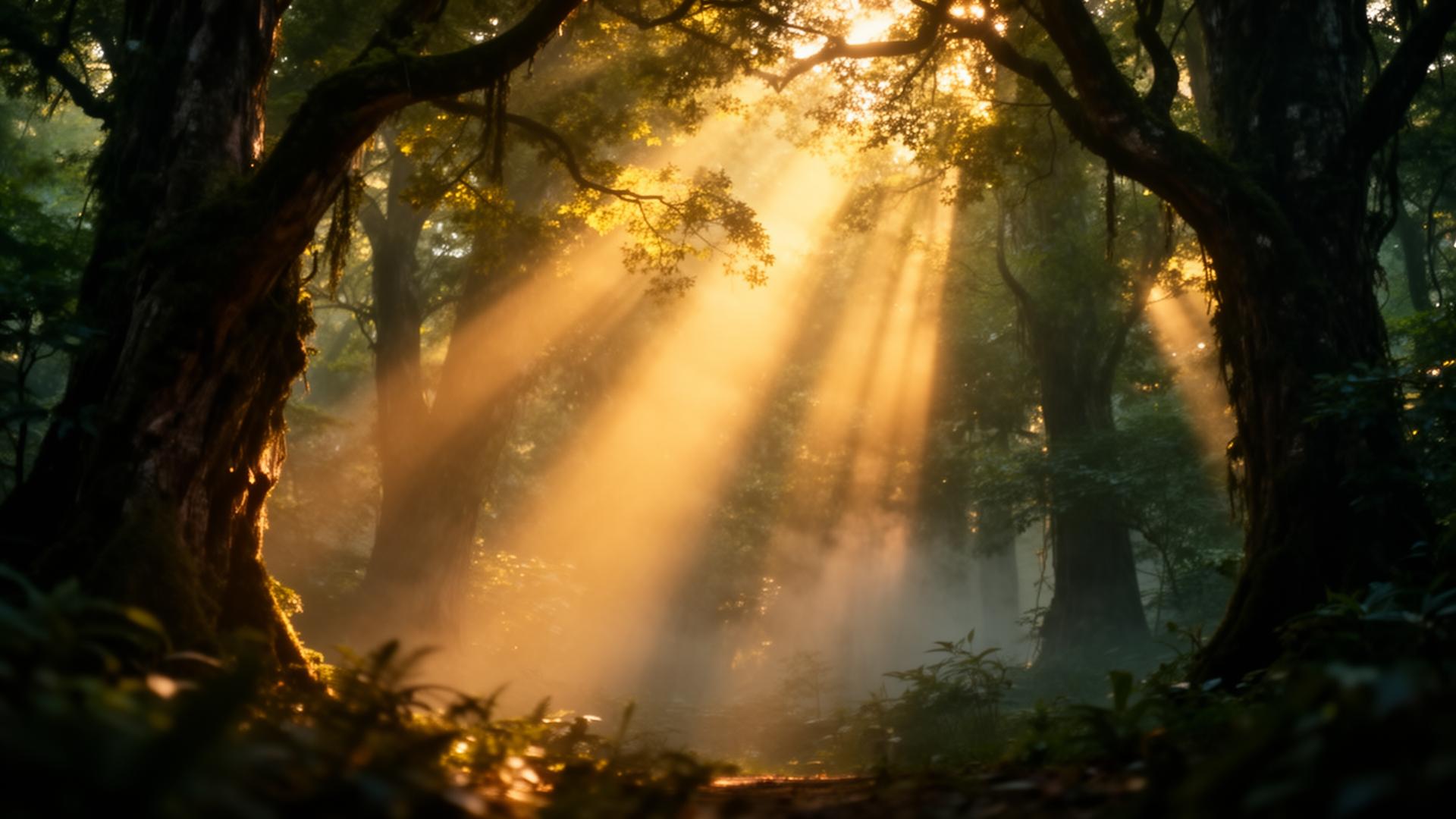Golden light through an ancient forest canopy
