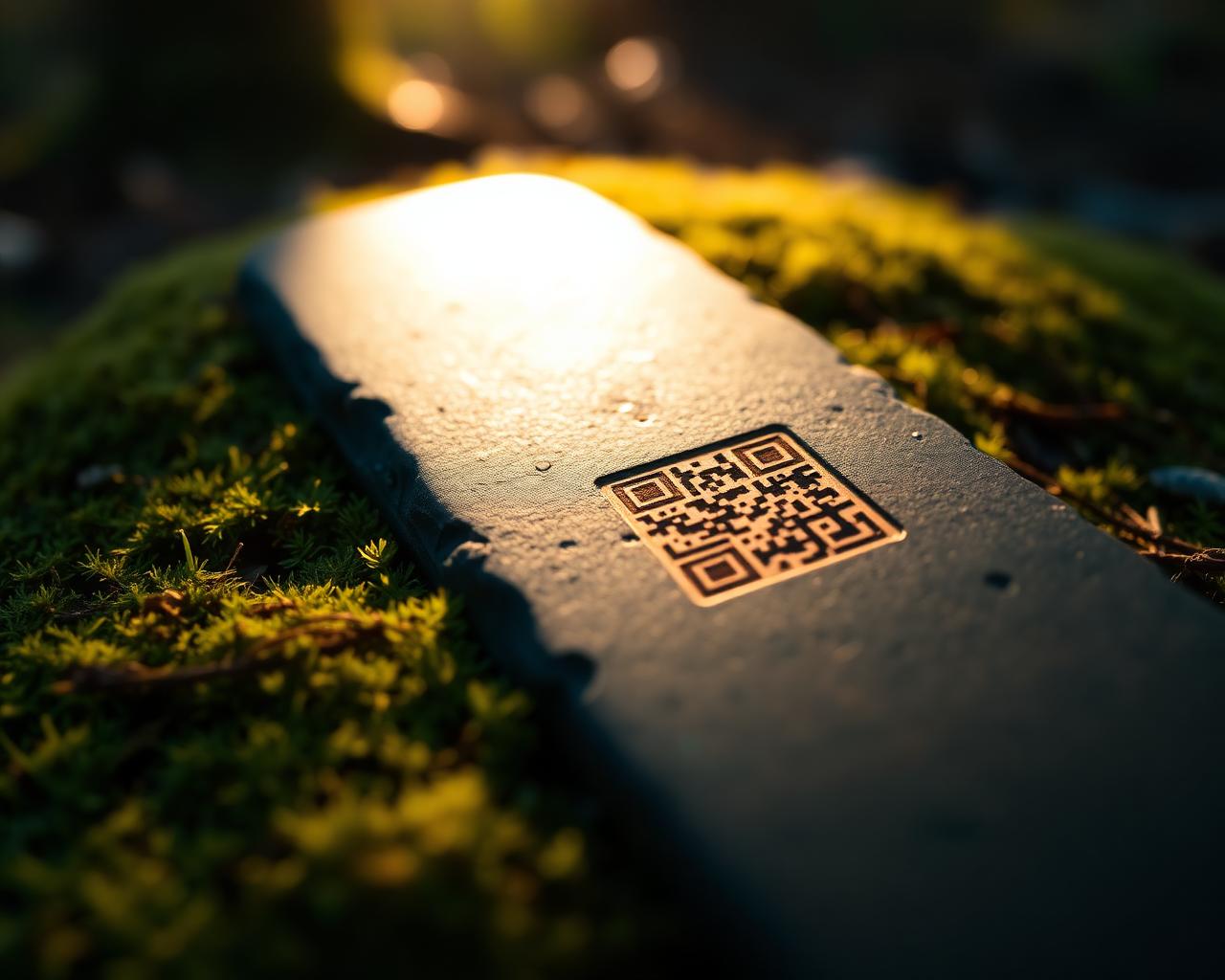 A slate marker engraved with a QR code resting on moss